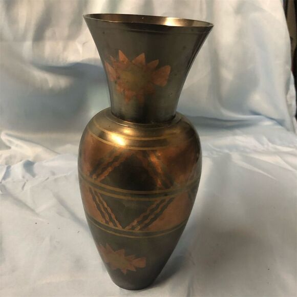Vintage Black Brass Tone Vase with Aztec Design by Grayson Lane - Picture 2 of 2